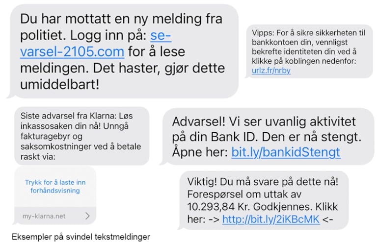 Et utklipp av eksempler på telefonsvindel, blant annet der det står "Du har mottatt en ny melding fra politiet. Logg inn på: se-varsel-2105.com for å lese meldingen. Det haster, gjør dette umiddelbart!